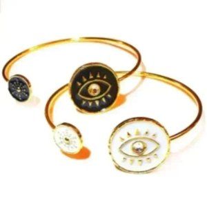 Betsey Johnson Black & White, Gold Color Plated Evil Eye Bangle Bracelet Set